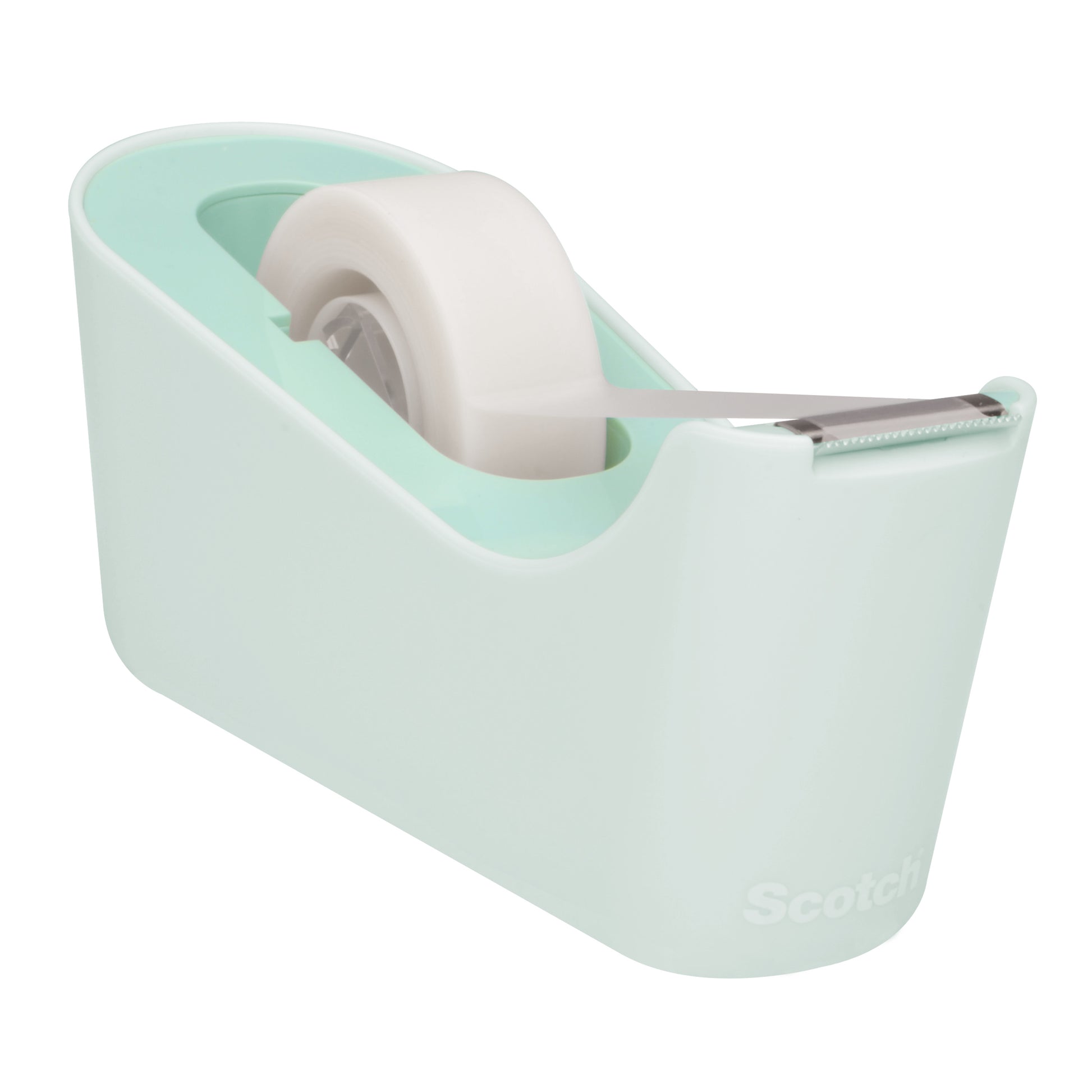 Der 3M Scotch™ Klebeband-Abroller C18 in mint, beladen mit Scotch® Magic™ Unsichtbares Klebeband (19 mm x 33 m), ist leicht schräg auf einem schlichten weißen Hintergrund abgebildet. Die Packung enthält 4 Rollen.