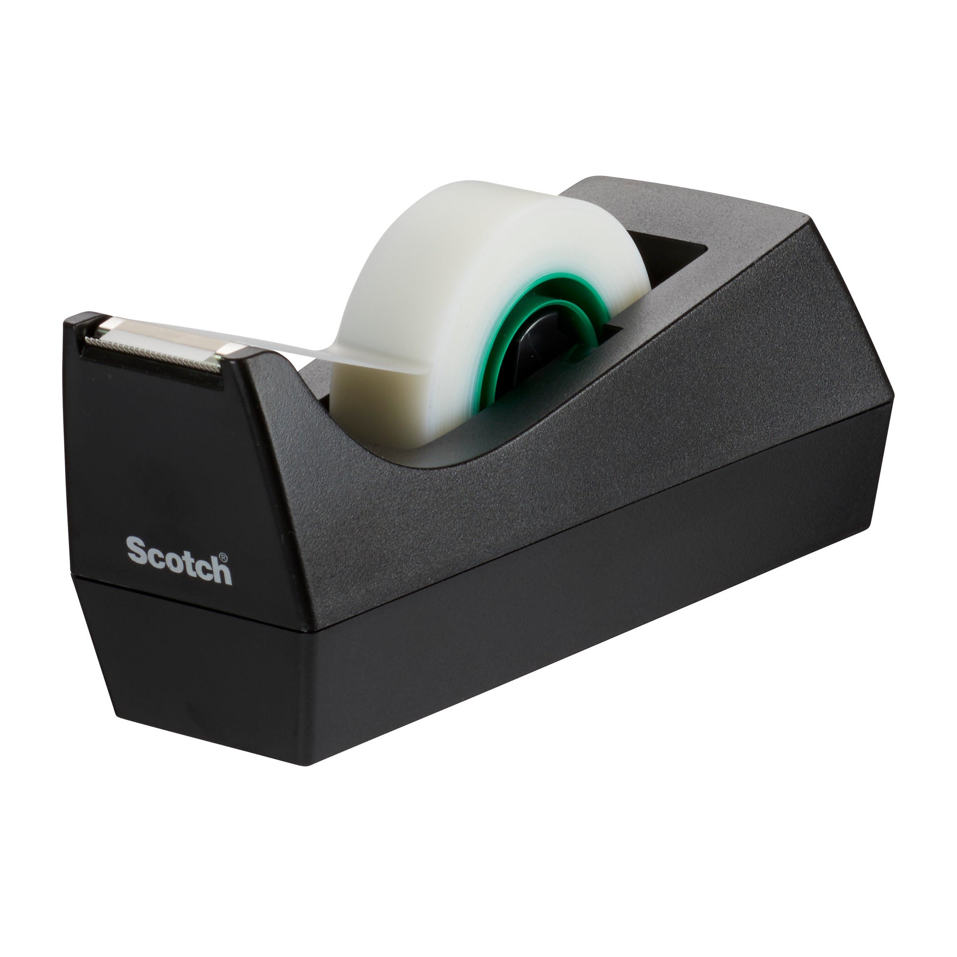 Ein schwarzer Scotch® Abroller C38 der 3M Deutschland GmbH hält eine Rolle Scotch® Magic™ Klebeband (19 mm x 33 m, 66% pflanzlicher Klebstoff), abgebildet auf einem schlichten weißen Hintergrund.