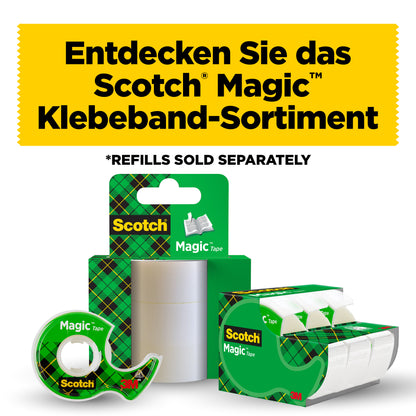 Abgebildet ist das 3M Scotch® Magic™ Unsichtbares Klebeband als Nachfüllpackung (1 Rolle, 19 mm x 25 m) von 3M Deutschland GmbH. Oben steht: "Entdecken Sie das Scotch Magic Klebeband-Sortiment".