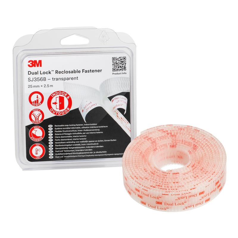 3M™ Dual Lock™ Flexible Snap Fastener SJ356B, Διαφανές, 25 mm x 2,5 m, 5,7 mm, 40 κεφαλές/cm², ατομικά τυλιγμένο | Συσκευασία (1 ρολό)