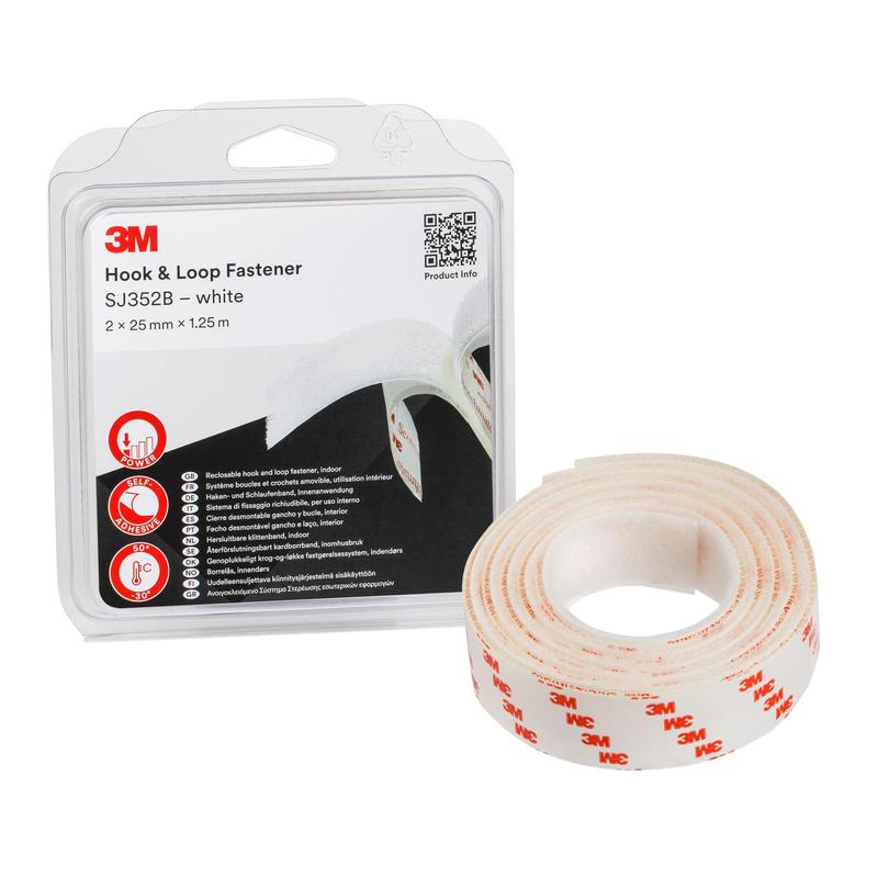 3M™ Hook and Loop Tape SJ352B, Λευκό, 25 mm x 1,25 m, 4,4 mm, Blister IPC | Συσκευασία (1 ρολό)