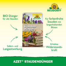 Μια συσκευασία Azet StaudenDünger από το Neudorff Shop βρίσκεται στο γρασίδι, περιτριγυρισμένη από βέλη που επισημαίνουν οφέλη όπως μακροχρόνια δράση, ισχυρά άνθη και ανθεκτικά πολυετή φυτά στα γερμανικά.