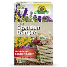 Ένα κουτί με Neudorff Shop Azet StaudenDünger, ένα οργανικό λίπασμα για κήπους και πολυετή φυτά, με πολύχρωμα λουλούδια και γερμανικές πληροφορίες προϊόντος στο μπροστινό μέρος.