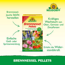 Στη μέση υπάρχει ένα κουτί Neudorff Shop Brennnessel Pellets με κείμενο που περιγράφει τα οφέλη για την ανάπτυξη των φυτών, την ανθεκτικότητα στα παράσιτα και την εύκολη εφαρμογή. Οι περιβάλλοντες φωτογραφίες δείχνουν υγιή άνθη, φρούτα και φύλλα.