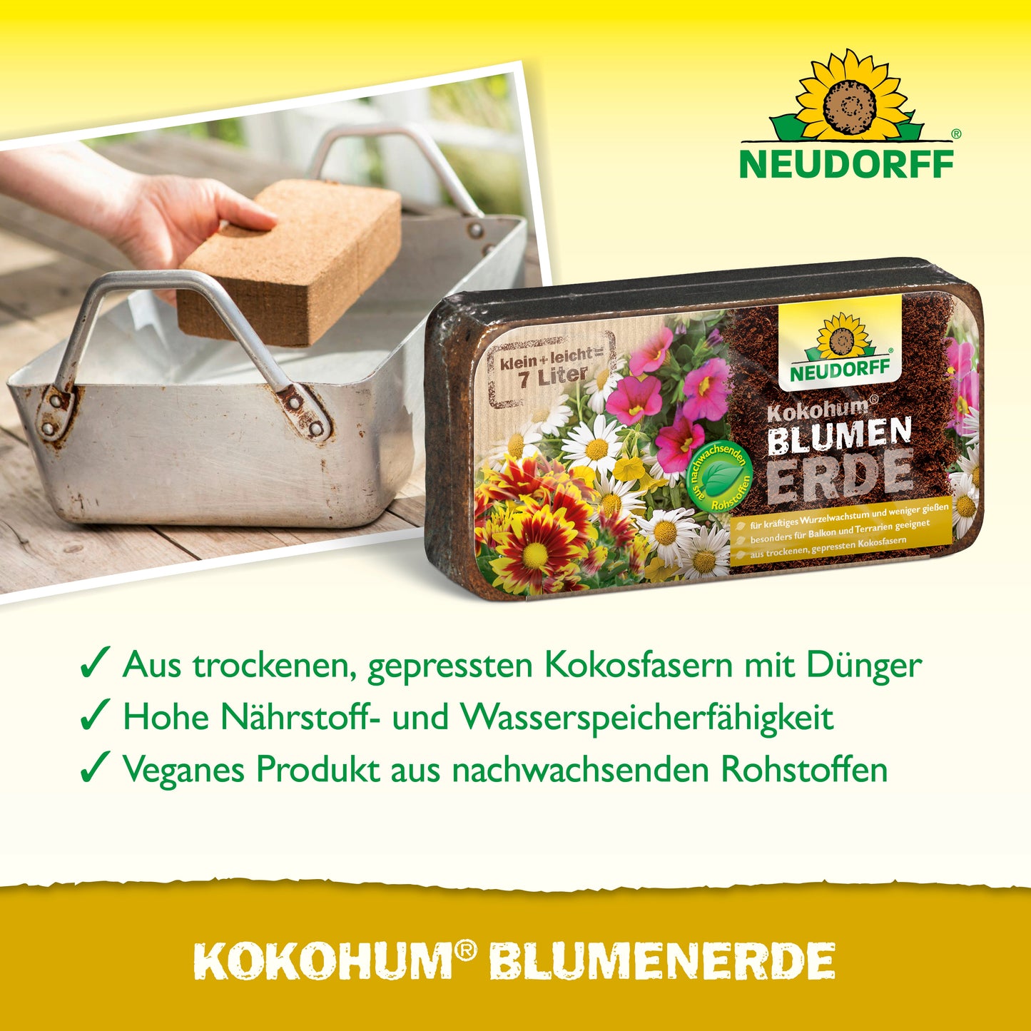 Eine Packung Neudorff Shop Kokohum BlumenErde wird auf einem gelben Hintergrund mit einem Hinweistext dargestellt. Ein Foto zeigt eine Hand, die einen Kokohum BlumenErde Kokosfaserstein in einen Metallbehälter legt.