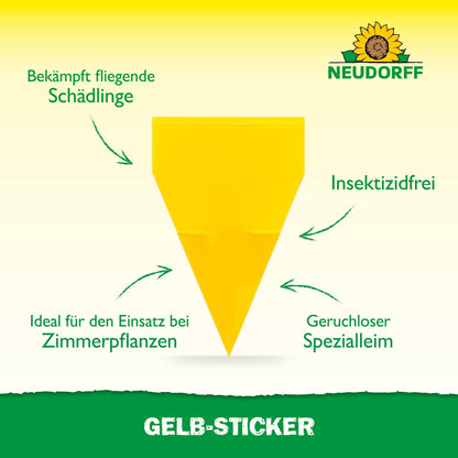 Ένα κίτρινο, τριγωνικό Gelb-Sticker από το Neudorff Shop, χωρίς εντομοκτόνα και ουδέτερο σε οσμή, καταπολεμά αποτελεσματικά ιπτάμενα παράσιτα όπως οι σκνίπες σε φυτά εσωτερικού χώρου. Πάνω απεικονίζεται το λογότυπο της Neudorff.