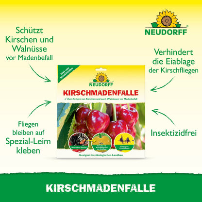 Εικόνα προϊόντος για την παγίδα KirschmadenFalle από το Neudorff Shop, με κεράσια και πράσινο κείμενο που δείχνει ότι είναι χωρίς εντομοκτόνα, προστατεύει από τη μύγα των κερασιών και χρησιμοποιεί ειδική κόλλα για επιτυχημένη συγκομιδή κερασιών.