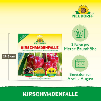 Η συσκευασία της παγίδας KirschmadenFalle από το Neudorff Shop δείχνει κεράσια και την παγίδα - ιδανική για την προστασία της συγκομιδής των κερασιών σας από τις μύγες. Χρησιμοποιήστε 2 παγίδες ανά μέτρο ύψους δέντρου από τον Απρίλιο έως τον Αύγουστο. Ύψος συσκευασίας: 28,5 cm.
