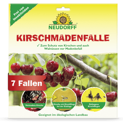 Η μπροστινή πλευρά μιας παγίδας Neudorff Shop KirschmadenFalle δείχνει ώριμα κεράσια, κοντινές λήψεις από ζημιές από τη μύγα των κερασιών, παγιδευμένες προνύμφες και μύγες. Το κείμενο επισημαίνει την καταλληλότητα για τη βιολογική συγκομιδή κερασιών και ότι η συσκευασία περιέχει 7 παγίδες.