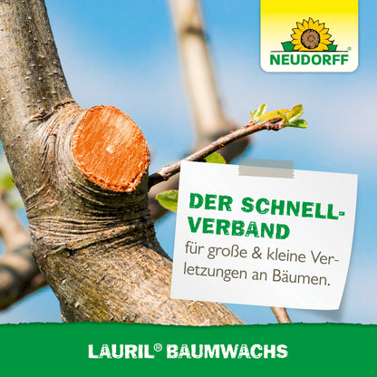 Ein frisch geschnittener Baumast wird mit Lauril Baumwachs behandelt. Das Logo des Neudorff Shops hebt Lauril Baumwachs zum Verschließen von Wunden an Obstbäumen und zur Pflege von Baumwunden hervor.