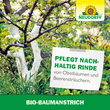 Ein Obstbaum mit weiß beschichteter Rinde steht in einem Garten. Auf einem Schild steht: "Pflegt nachhaltig Rinde von Obstbäumen und Beerensträuchern". Der Produktname und das Logo des Bio-Baumanstrichs von Neudorff Shop sind sichtbar.