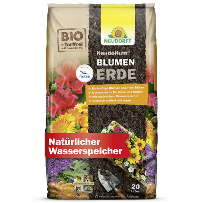 Die 20L NeudoHum BlumenErde von Neudorff Shop ist mit bunten Blumen auf der Verpackung versehen und bietet biologische, torffreie Blumenerde mit natürlichem Wasserrückhalt - perfekt für Gartenpflanzen.