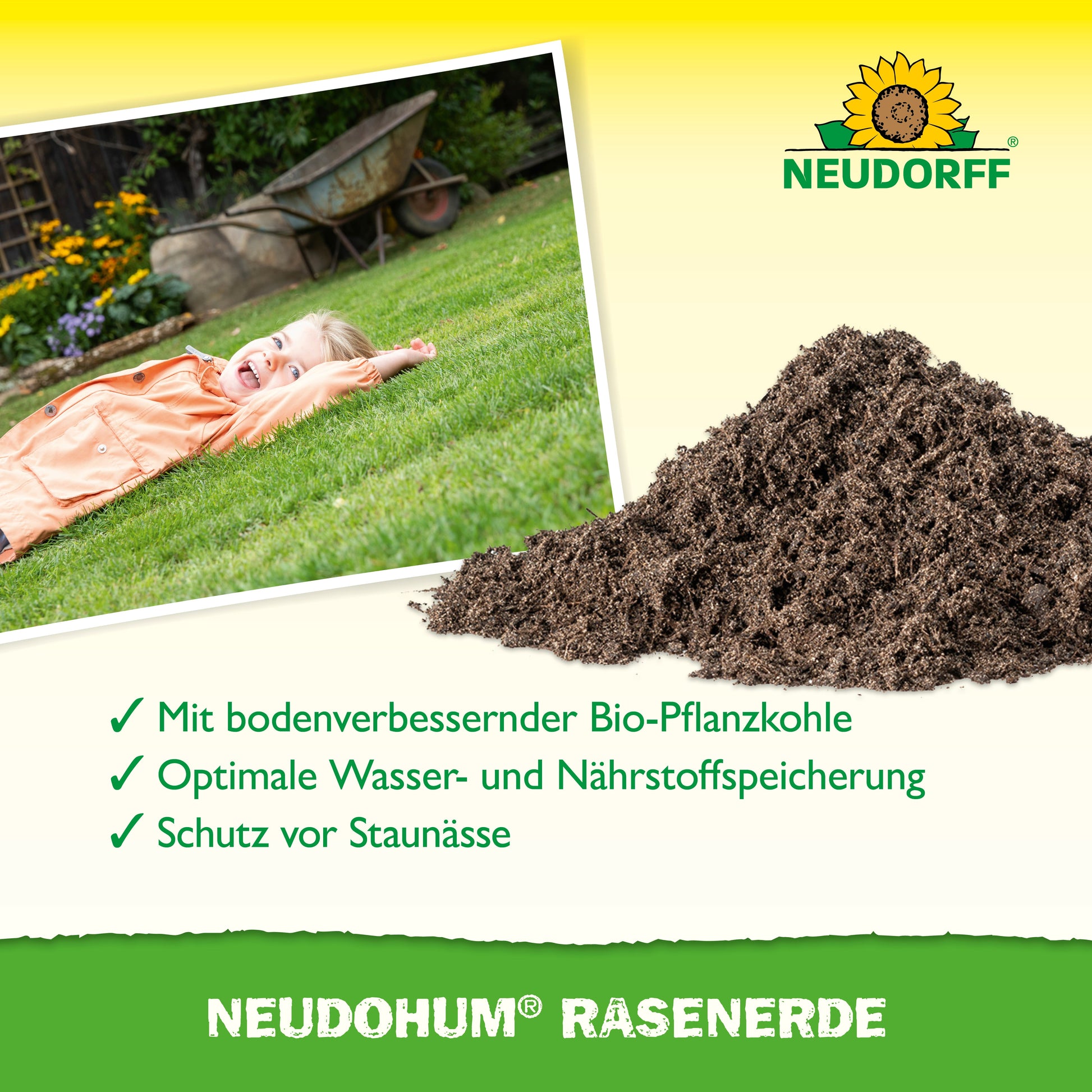 Ein Kind liegt im Gras neben einem Erdhügel. Das Logo des Neudorff Shops und die Sonnenblume erscheinen oben rechts. Hervorgehoben: "NeudoHum RasenErde" für Rasen - mit Bio-Kohle, speichert Wasser und Nährstoffe, schützt vor Staunässe.