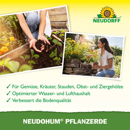 Eine Frau gärtnert an einem Steinbeet, ideal für Sträucher und Stauden. Ein weiteres Foto zeigt Hände mit Erde und einen Setzling. Der Text hebt NeudoHum PflanzErde-torffreie Erde aus dem Neudorff Shop hervor. Oben ist das Neudorff-Logo zu sehen.