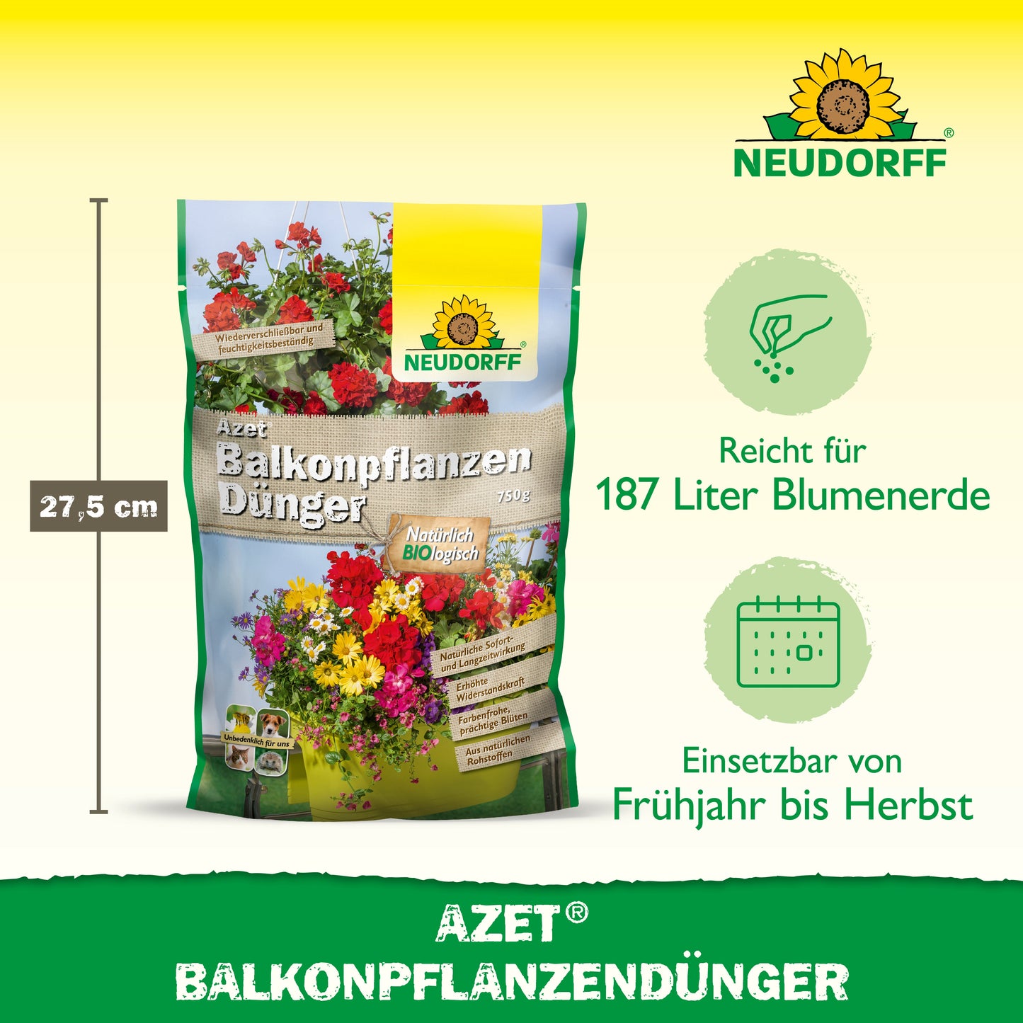 Eine Tüte mit Neudorff Shop Azet BalkonpflanzenDünger steht aufrecht. Die Verpackung zeigt Sommerblumen und Details: 27,5 cm Höhe, geeignet für 187 L Erde in Balkonkästen, wirksam von Frühjahr bis Herbst.