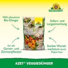 Ένας σάκος Azet VeggieDünger από το Neudorff Shop απεικονίζεται με εικόνες λαχανικών. Το κείμενο τονίζει ότι είναι 100% vegan λίπασμα για φυτά κήπου και εσωτερικού χώρου, που έχει άμεση δράση και προάγει την ισχυρή ανάπτυξη των ριζών.
