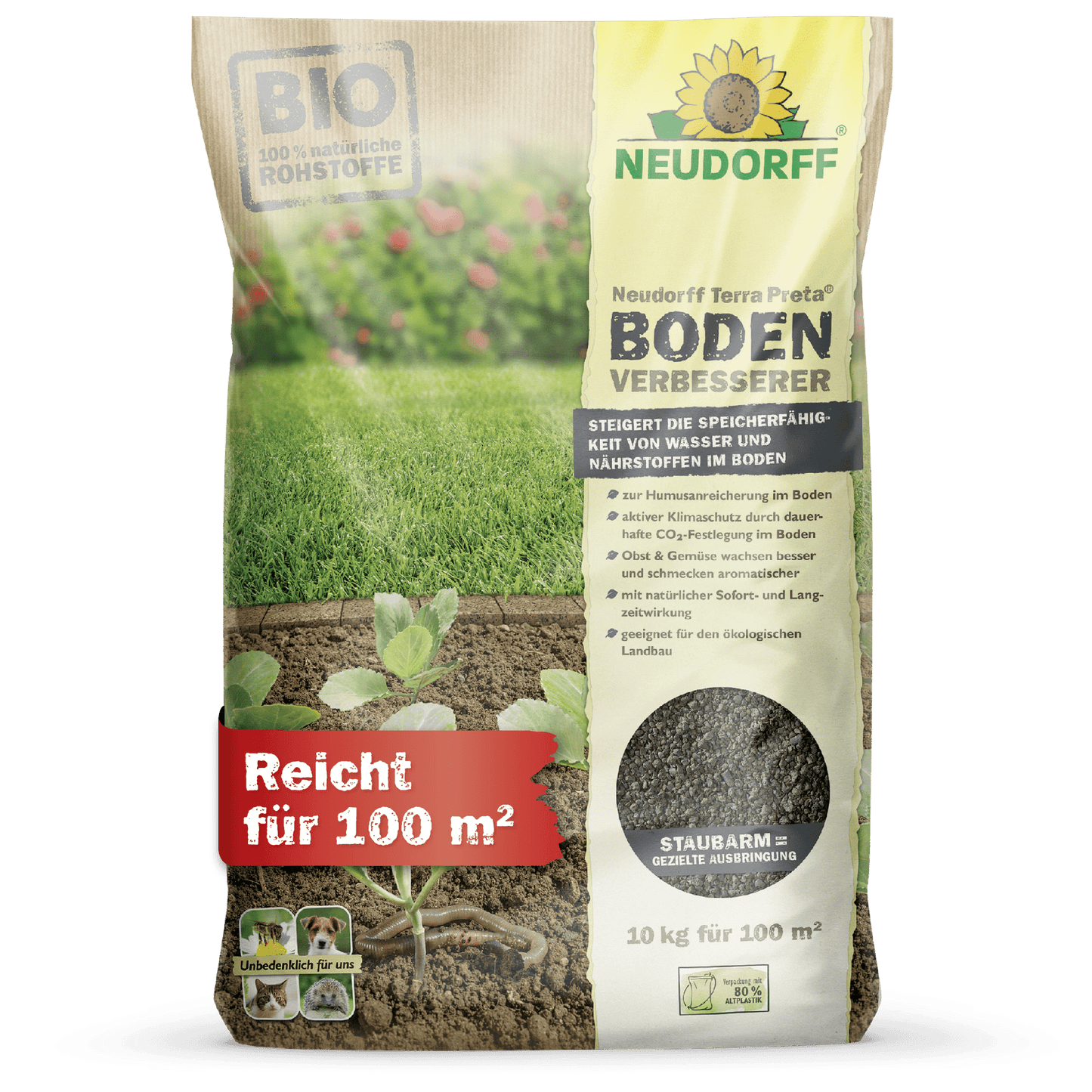 Ο βελτιωτής εδάφους Terra Preta από το κατάστημα Neudorff είναι ένας βιολογικός βελτιωτής εδάφους για γκαζόν και φρούτα, κατάλληλος για 100 τ.μ. Στη συσκευασία εμφανίζονται πληροφορίες προϊόντος και εικόνες από γρασίδι, έδαφος και φυτάρια - ιδανικός για τη βελτίωση του εδάφους σας.