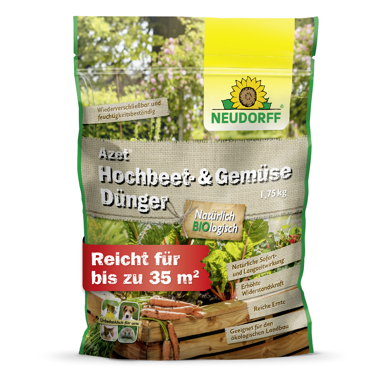Ein 1,75-kg-Sack Neudorff Shop Azet Hochbeet- & GemüseDünger steht aufrecht in einer grün-beigen Verpackung mit Gemüse, einem Hochbeet und einem Text, der auf die Verwendung für Gemüse und Kräuter und seine Bio-Qualitäten hinweist.