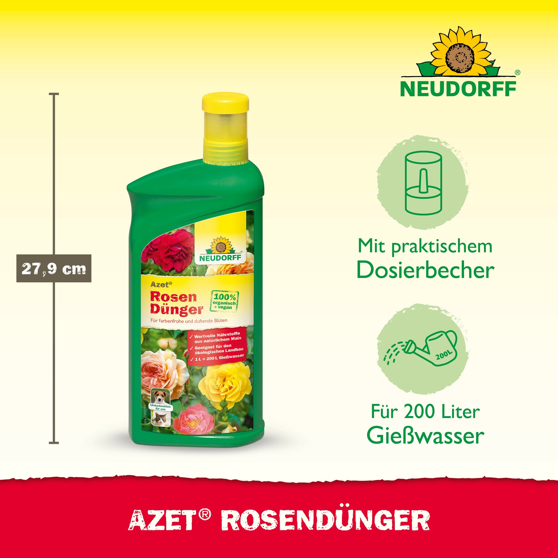 Eine 27,9 cm große Azet RosenDünger flüssig Flasche aus dem Neudorff Shop mit gelber Kappe, Rosenmotiven, Dosierbechersymbol und genug Flüssigkeit für 200 L - ideal für die Rosendüngung.