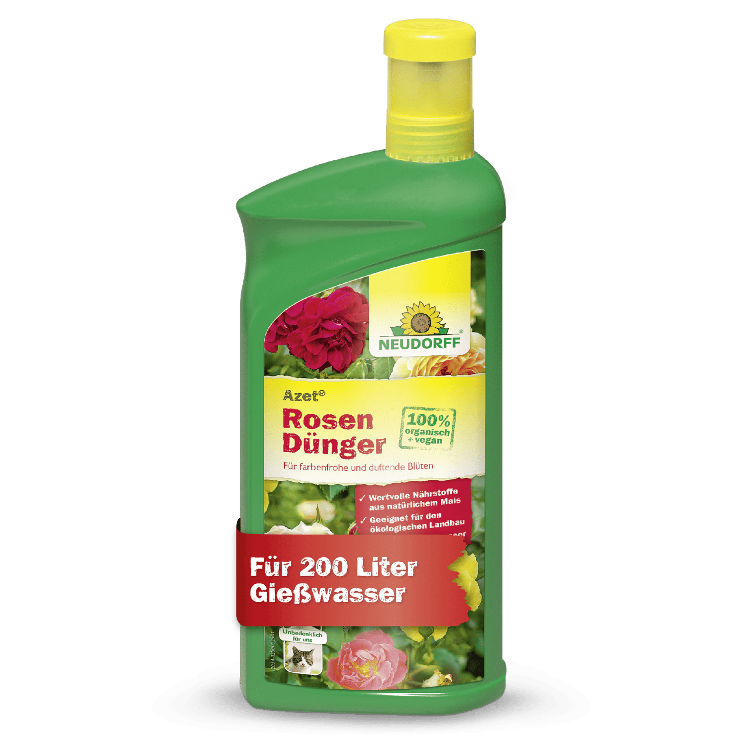 Ένα πράσινο πλαστικό μπουκάλι υγρού λιπάσματος για τριαντάφυλλα Azet από το κατάστημα Neudorff, ένα υγρό λίπασμα για τριαντάφυλλα. Στην ετικέτα απεικονίζονται τριαντάφυλλα και λεπτομέρειες προϊόντος και αναφέρεται ότι αποδίδει 200 λίτρα διαλύματος ποτίσματος για βέλτιστη φροντίδα τριαντάφυλλων.