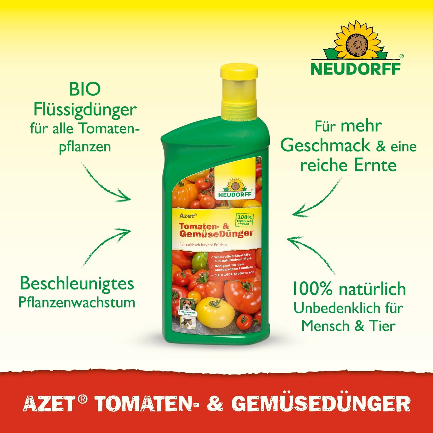 Ένα πράσινο μπουκάλι Neudorff Shop Azet Tomaten- & Gemüsedünger flüssig απεικονίζεται με ντομάτες, πιπεριές και αγγούρια στην ετικέτα. Το γερμανικό κείμενο τονίζει το οργανικό υγρό λίπασμα και τα φυσικά συστατικά για λαχανικά μπαλκονιού.
