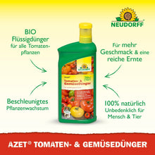 Ένα πράσινο μπουκάλι Neudorff Shop Azet Tomaten- & Gemüsedünger flüssig απεικονίζεται με ντομάτες, πιπεριές και αγγούρια στην ετικέτα. Το γερμανικό κείμενο τονίζει το οργανικό υγρό λίπασμα και τα φυσικά συστατικά για λαχανικά μπαλκονιού.
