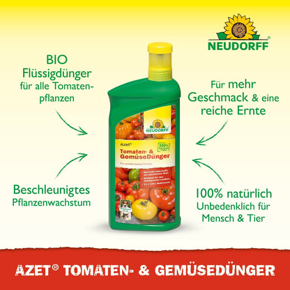 Ένα πράσινο μπουκάλι Neudorff Shop Azet Tomaten- & Gemüsedünger flüssig απεικονίζεται με ντομάτες, πιπεριές και αγγούρια στην ετικέτα. Το γερμανικό κείμενο τονίζει το οργανικό υγρό λίπασμα και τα φυσικά συστατικά για λαχανικά μπαλκονιού.