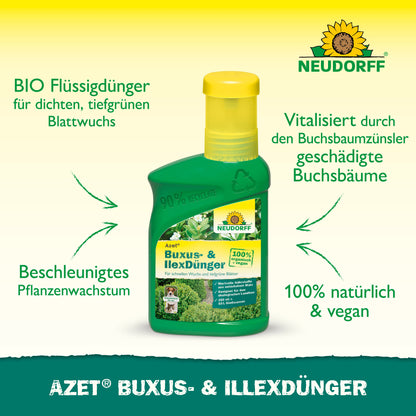 Eine Flasche Neudorff Shop Azet Buxus- & IlexDünger flüssig steht auf einer grünen Fläche. Der Text hebt die organische, 100% natürliche und vegane Formel hervor, die das Wachstum fördert und Buxus und andere immergrüne Topfpflanzen revitalisiert.