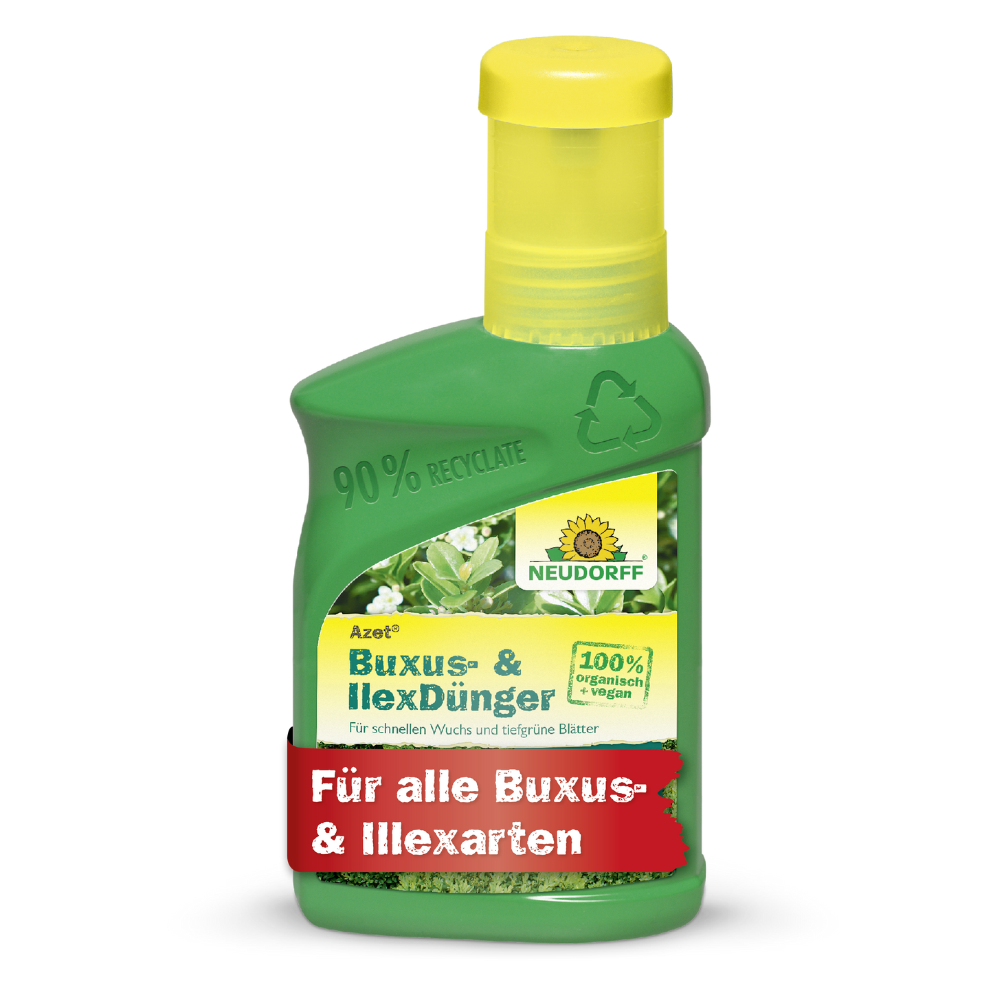 Eine grüne Plastikflasche Azet Buxus- & IlexDünger flüssig von Neudorff Shop, 100% organischer Pflanzendünger für Buchsbaum, Ilex und andere immergrüne Pflanzen; hergestellt aus 90% recyceltem Material und mit einer gelben Kappe versehen.
