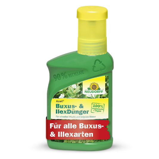 Eine grüne Plastikflasche Azet Buxus- & IlexDünger flüssig von Neudorff Shop, 100% organischer Pflanzendünger für Buchsbaum, Ilex und andere immergrüne Pflanzen; hergestellt aus 90% recyceltem Material und mit einer gelben Kappe versehen.