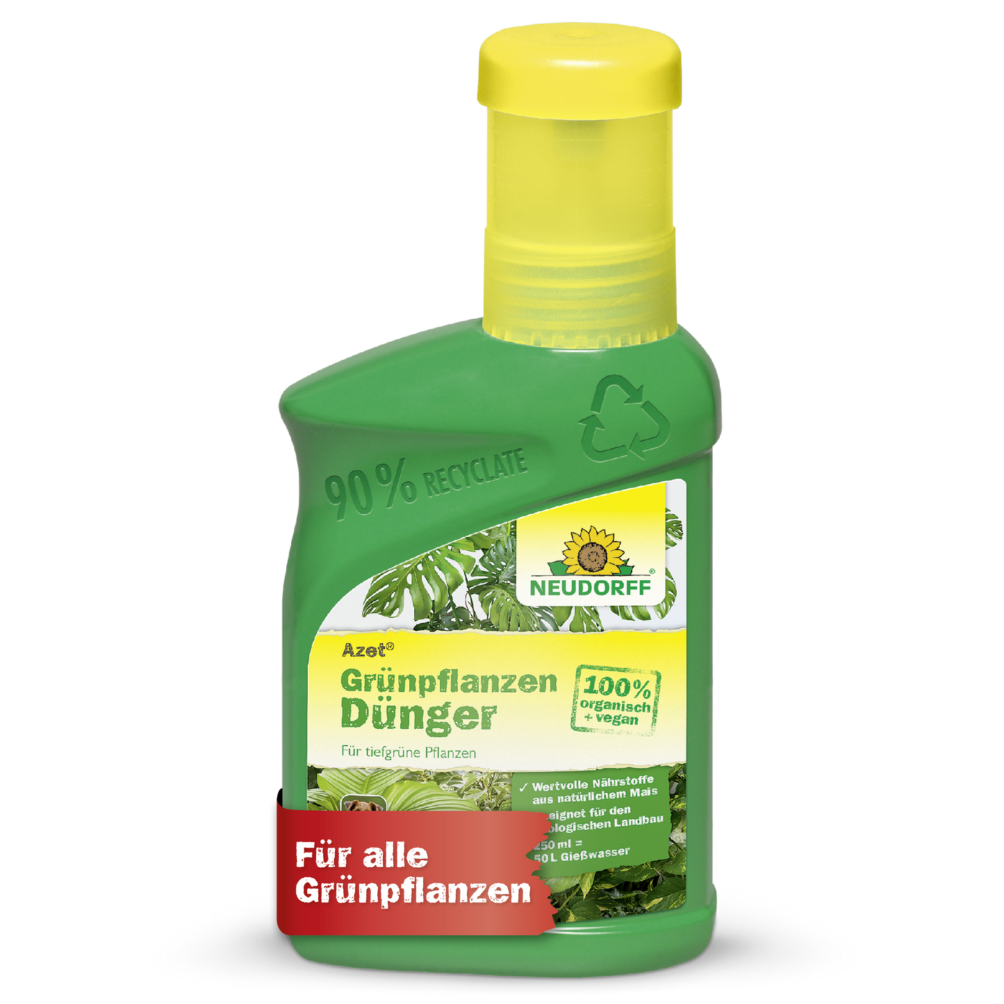 Eine grüne Plastikflasche von Neudorff Shop Azet GrünpflanzenDünger flüssig mit einer gelben Kappe, gekennzeichnet als 100% organischer veganer Dünger für Grünpflanzen, liefert essentielle Nährstoffe und hat ein Recycling-Symbol mit deutschem Text.