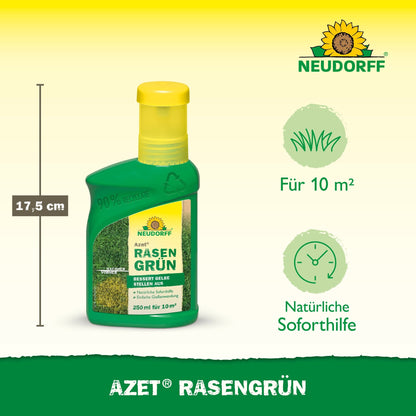 Ένα μπουκάλι 250 ml Neudorff Shop Azet RasenGrün (17,5 cm ύψος) εμφανίζεται σε κίτρινο-πράσινο φόντο και υπόσχεται πλούσιο γκαζόν και γρήγορη βοήθεια σε κίτρινες κηλίδες σε μόλις 4 ημέρες. Καλύπτει έως και 10 m².