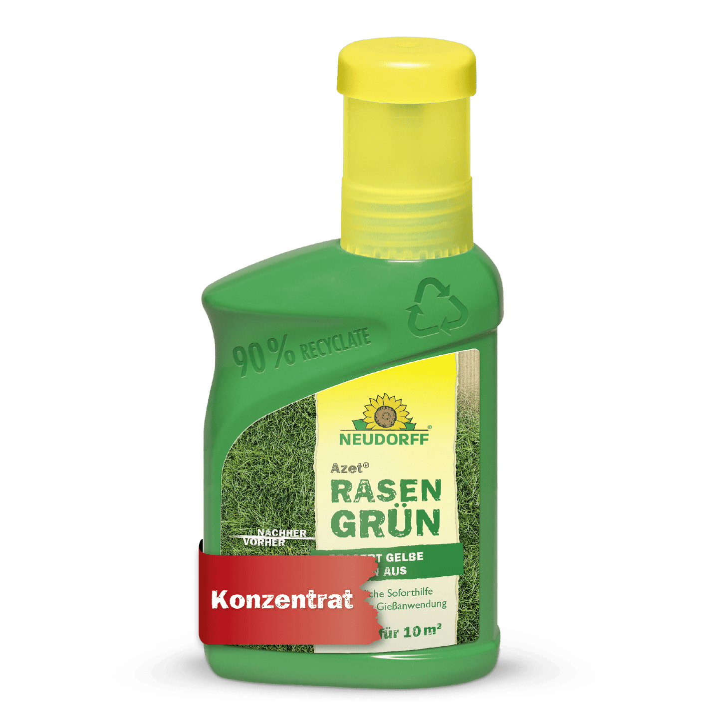 Το Azet RasenGrün από το Neudorff Shop έρχεται σε ένα πράσινο πλαστικό μπουκάλι (90% ανακυκλωμένο), με κίτρινο καπάκι, εικόνα γρασιδιού, και είναι ένα συμπύκνωμα φροντίδας γκαζόν για 10 m², που υπόσχεται ζουμερό πράσινο γκαζόν σε μόλις 4 ημέρες.