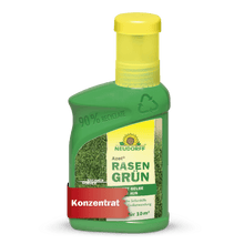 Το Azet RasenGrün από το Neudorff Shop έρχεται σε ένα πράσινο πλαστικό μπουκάλι (90% ανακυκλωμένο), με κίτρινο καπάκι, εικόνα γρασιδιού, και είναι ένα συμπύκνωμα φροντίδας γκαζόν για 10 m², που υπόσχεται ζουμερό πράσινο γκαζόν σε μόλις 4 ημέρες.