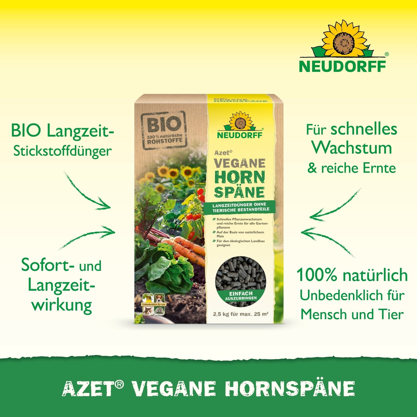 Το Azet Vegane Hornspäne από το Neudorff Shop απεικονίζεται σε πράσινο φόντο, με κείμενο που διαφημίζει τις βιολογικές, veganικές, μακράς διάρκειας και 100% φυσικές ιδιότητες για ασφαλή ανάπτυξη φυτών.