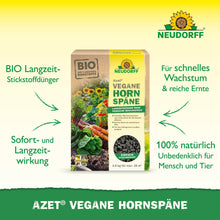 Το Azet Vegane Hornspäne από το Neudorff Shop απεικονίζεται σε πράσινο φόντο, με κείμενο που διαφημίζει τις βιολογικές, veganικές, μακράς διάρκειας και 100% φυσικές ιδιότητες για ασφαλή ανάπτυξη φυτών.