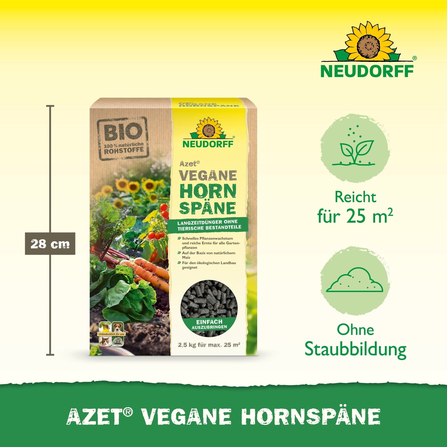 Ένας σάκος 2,5 κιλών Azet Vegane Hornspäne από το Neudorff Shop παρουσιάζεται, με εικονίδια για εμβέλεια 25 m², εφαρμογή χωρίς σκόνη και ύψος 28 cm - ιδανικό για βιώσιμη ανάπτυξη φυτών και πλούσια σοδειά.
