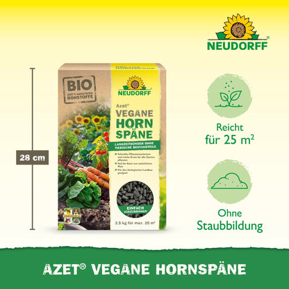 Ένας σάκος 2,5 κιλών Azet Vegane Hornspäne από το Neudorff Shop παρουσιάζεται, με εικονίδια για εμβέλεια 25 m², εφαρμογή χωρίς σκόνη και ύψος 28 cm - ιδανικό για βιώσιμη ανάπτυξη φυτών και πλούσια σοδειά.