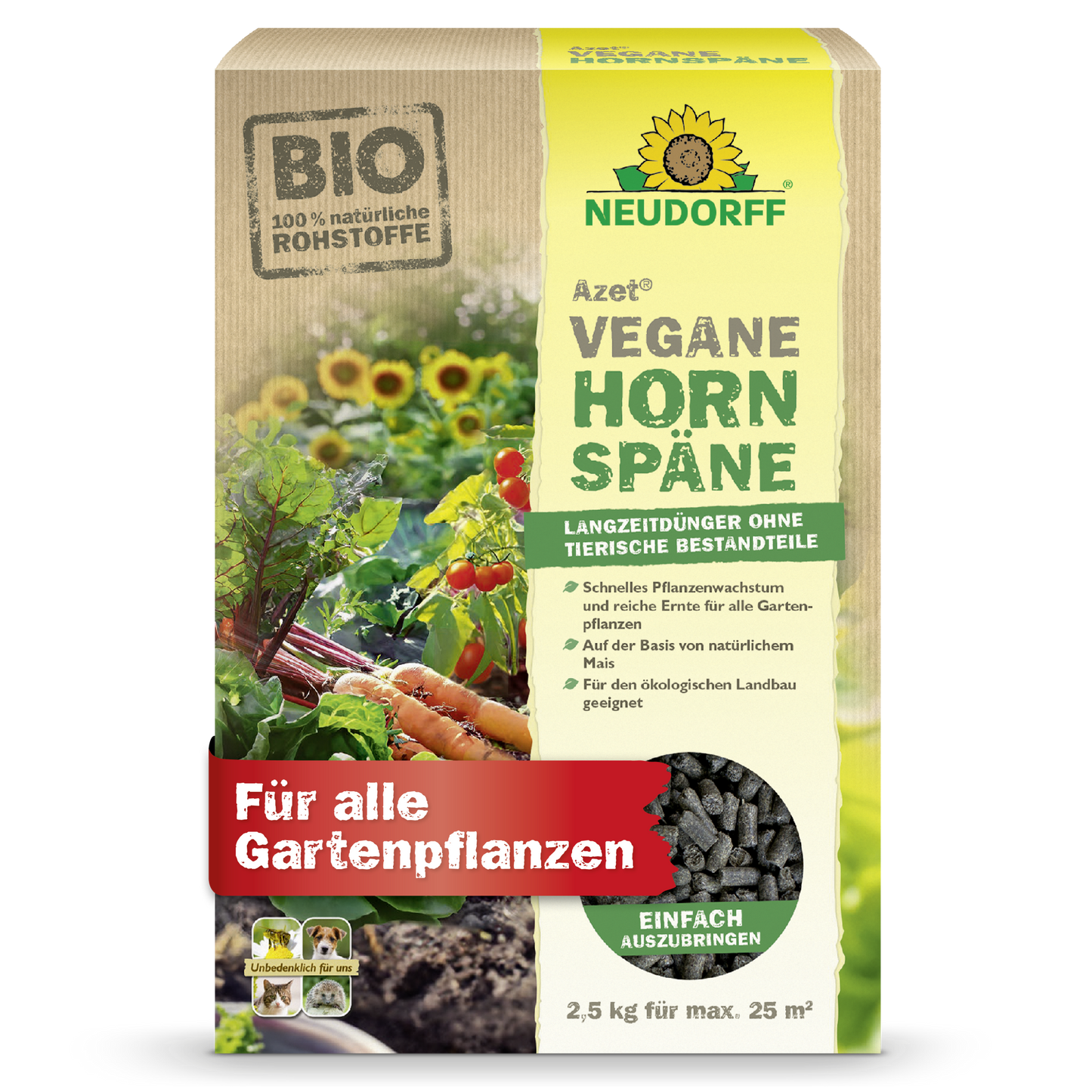 Μια συσκευασία 2,5 κιλών Azet Vegane Hornspäne από το Neudorff Shop δείχνει λαχανικά και σφαιρίδια στη συσκευασία και τονίζει ως veganικό, οργανικό λίπασμα πλούσιες σοδειές και υγιή ανάπτυξη για φυτά κήπου.