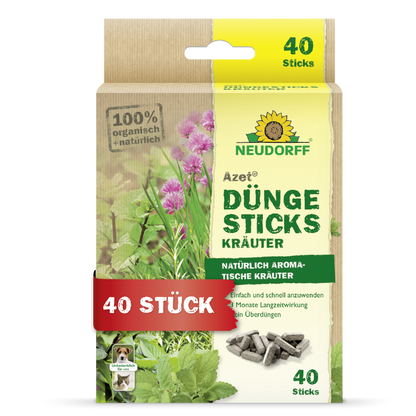Eine Schachtel Neudorff Shop Azet Düngesticks für Kräuter enthält 40 Düngestäbchen für aromatische Kräuter. Die grün-beige Verpackung mit deutschem Text nährt die in Topferde angebauten Kräuter.