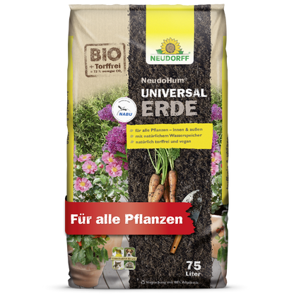 Ein 75-Liter-Sack NeudoHum UniversalErde von Neudorff Shop, mit Bildern von Gemüse und Blumen, gekennzeichnet als torffrei und biologisch, geeignet für alle Pflanzen.