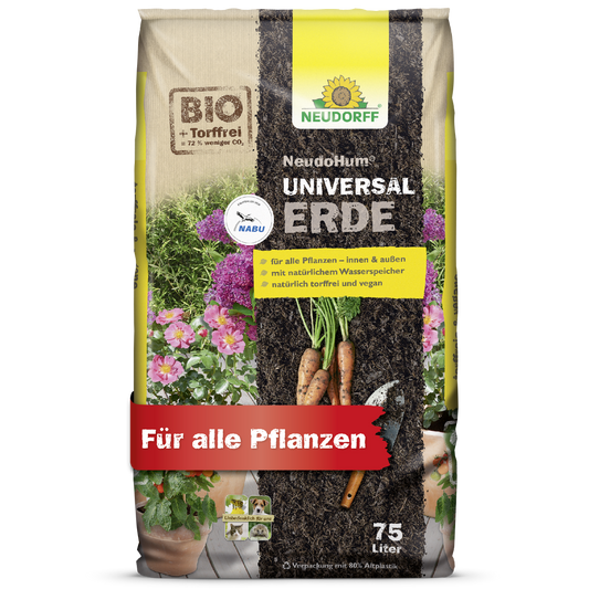 Ein 75-Liter-Sack NeudoHum UniversalErde von Neudorff Shop, mit Bildern von Gemüse und Blumen, gekennzeichnet als torffrei und biologisch, geeignet für alle Pflanzen.