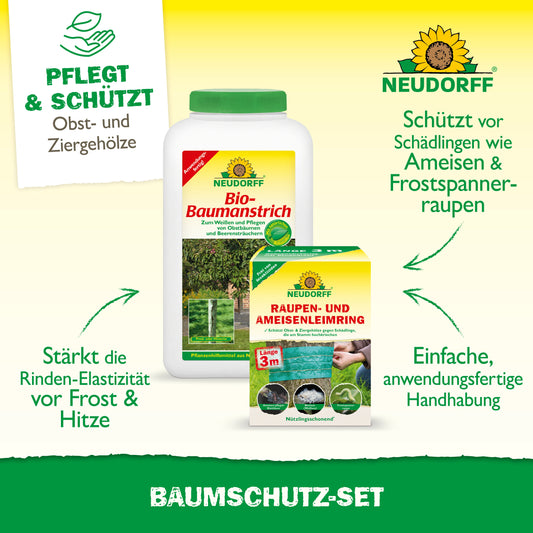 Die Produktabbildung zeigt das Baumschutz-Set von Neudorff Shop, bestehend aus Bio-Baumanstrich und Leimring. Der Text hebt die Vorteile wie Schädlingsabwehr, verbesserte Rindenelastizität und zuverlässigen Schutz für Pflanzen hervor.