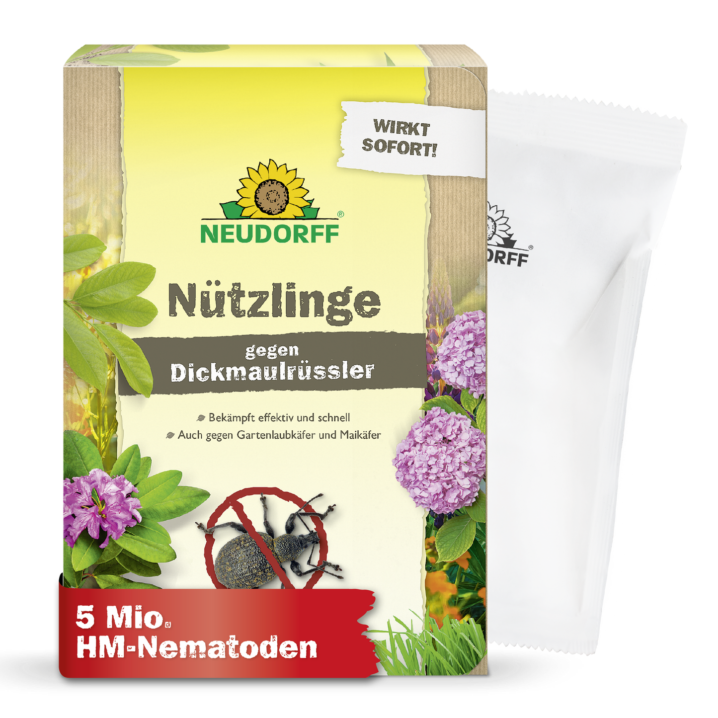 Eine Schachtel Neudorff Shop Nützlinge gegen Dickmaulrüssler zur Bekämpfung des Reblausbefalls mit Pflanzen, Insekten und Produktinformation. Ein weißes Tütchen auf der rechten Seite zeigt an, dass 5 Millionen HM-Nematoden enthalten sind.