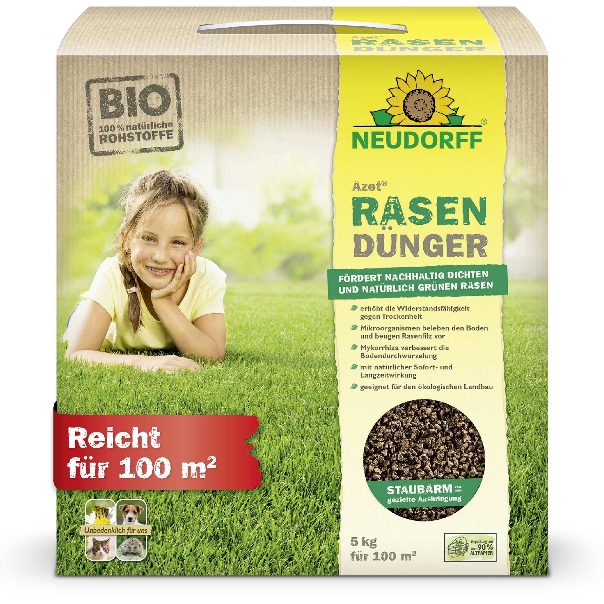 Azet RasenDünger (2,5-5 kg) von Neudorff Shop: Organischer Rasendünger mit rotem Label "Reicht für 100 m²", ideal für dichten Rasen und ausgewogene Ernährung. Auf der Verpackung: Kind auf Gras.