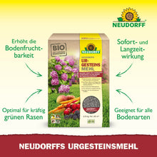 Ένα κουτί Neudorffs UrgesteinsMehl από το κατάστημα Neudorff στέκεται σε ένα λιβάδι με εικόνες από λουλούδια και λαχανικά. Πράσινα βέλη δείχνουν πλεονεκτήματα όπως η βελτιωμένη γονιμότητα του εδάφους και η συμβατότητα με κάθε τύπο εδάφους.