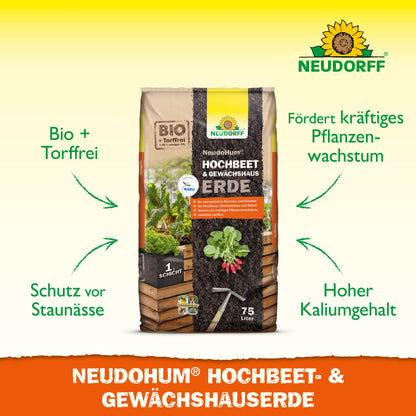 Abgebildet ist ein Beutel NeudoHum Hochbeet & GewächshausErde von Neudorff Shop mit der grünen Aufschrift "Bio + Torffrei", "Schutz vor Staunässe" und "Hoher Kaliumgehalt" für humusreiche Erde in Hochbeeten.