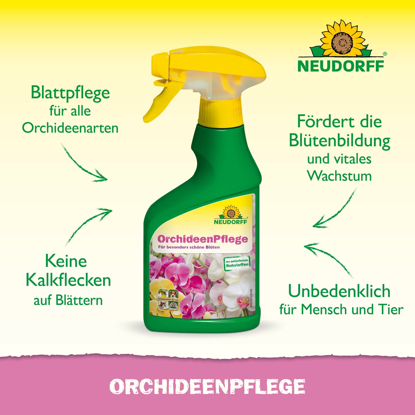 Abgebildet ist eine grün-gelbe Sprühflasche mit der Aufschrift "OrchideenPflege" von Neudorff Shop. Deutsche Pfeile heben seine Vorteile hervor: ideale Orchideenpflege, keine Kalkflecken, unterstützt die Blüte und ist sicher für alle Orchideenblätter.