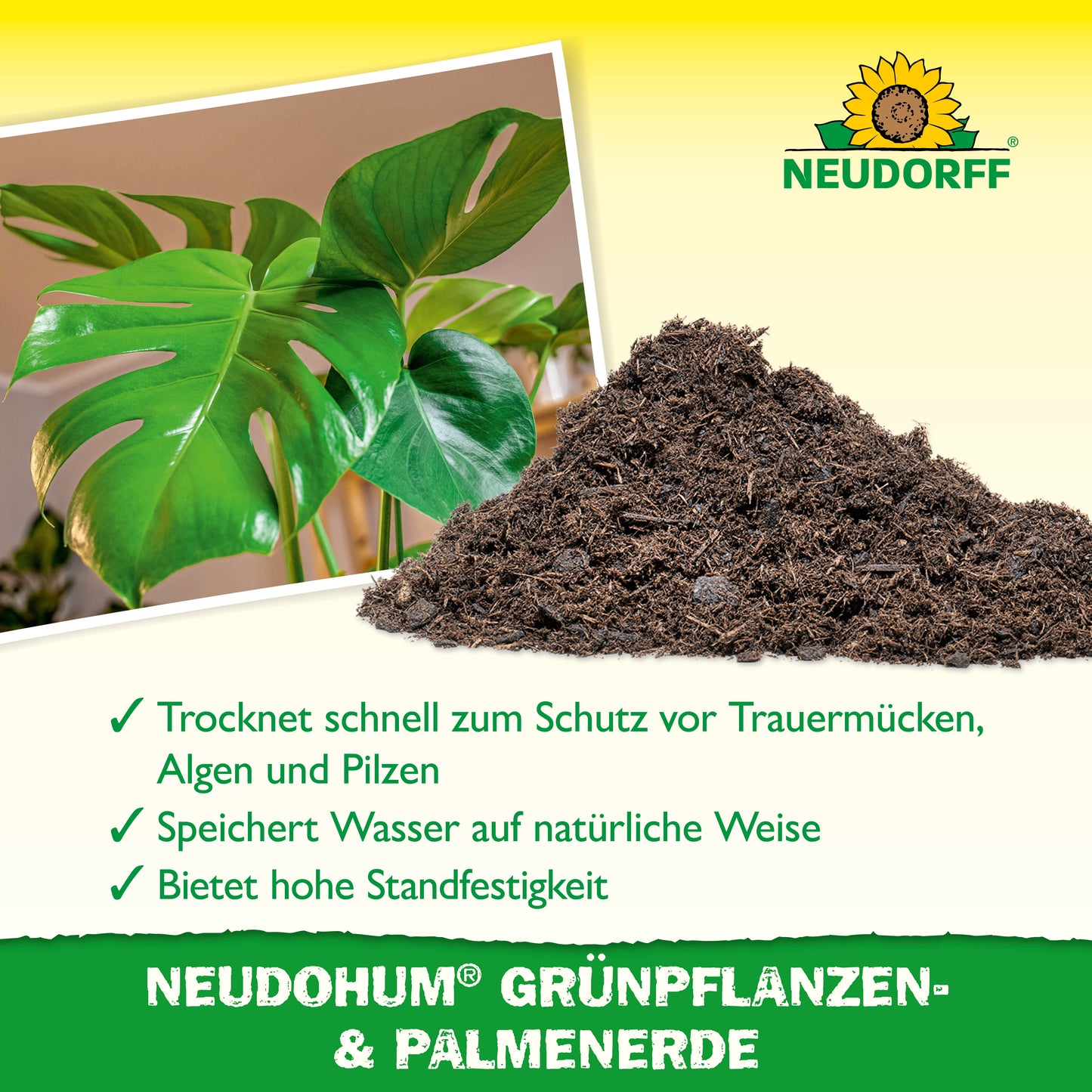 Ein Monstera-Blatt sitzt neben einem Haufen NeudoHum Grünpflanzen- & PalmenErde. Das Bild zeigt das Logo des Neudorff Shops und hebt die natürliche Wasserspeicherung für Zimmerpflanzen und Palmen auf gelb-grünem Hintergrund hervor.