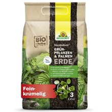 Ein 3-Liter-Beutel NeudoHum Grünpflanzen- & PalmenErde aus dem Neudorff Shop in beige-grüner Verpackung mit Pflanzenbildern, Produktinfos, einem roten "Fein-krumelig"-Etikett und einem Hinweis auf seinen natürlichen Wasserspeicher.